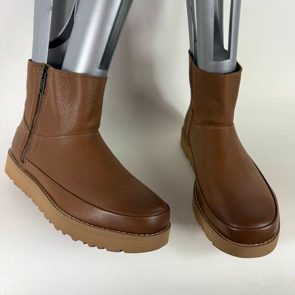 UGG Deconstructed Mini Zip Winter Boots Womens 8 Chestnut Leather High Top Shoes - Picture 1 of 9